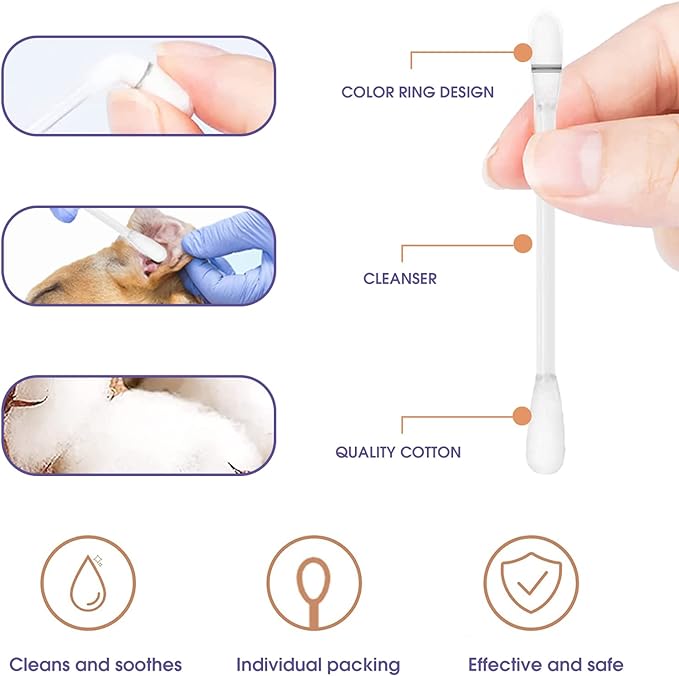 2-in-1 Pet Ear Cleaning Liquid Swabs - Cat & Dog Ear Cleaner Solution - Gentle & Effective Ear Care - for Daily Ear Cleaning Removes Wax, Dirt, & Odor