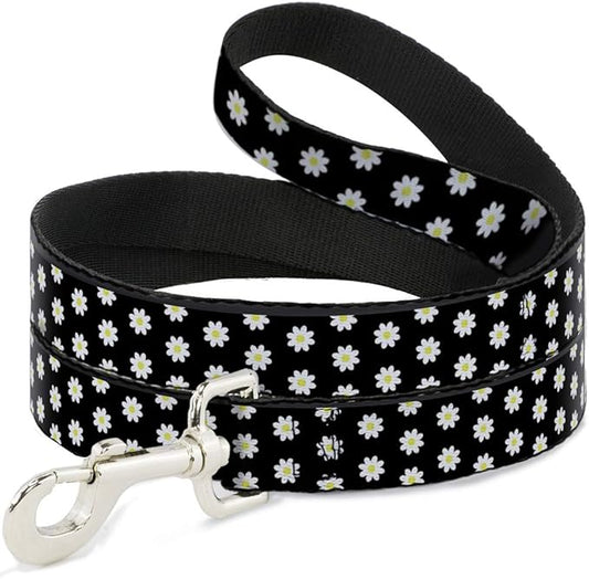 Buckle-Down Dog Leash Daisies Scattered Black White Yellow 6 Feet Long 0.5 Inch Wide
