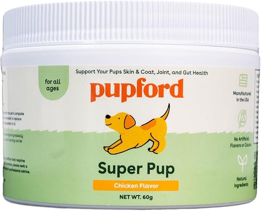 Pupford Super Pup Supplement, Support Your Pup's Skin & Coat, Joint and Gut Health, No Artificial Flavors or Colors, Chicken Flavor, New Wt 60g