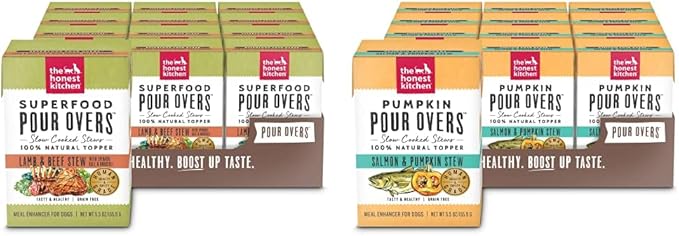 Honest Kitchen The Superfood Pour Overs Lamb & Beef Stew and Salmon Stew Wet Dog Food Toppers (12 Pack), 5.5 oz