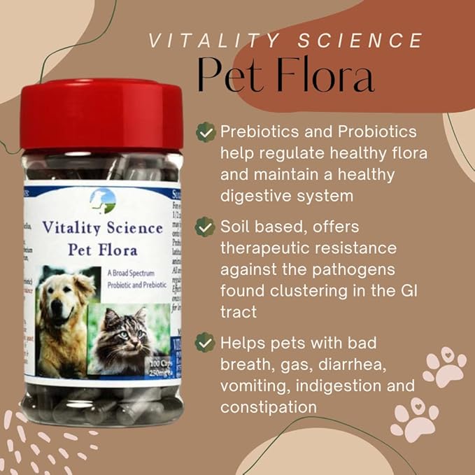 Pet Probiotic for Cats & Dogs | Pet Flora - Great for Diarrhea, Vomiting, Gas, Skin Conditions - Additive Free (100 Caps)