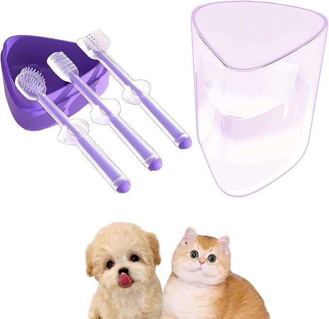 3 Pack Multi Angle Dog Toothbrush with Case for Small Dog & Cat, Soft Silicone Dog Tooth Brushing Kit for Puppies & XSmall Breed, Durable Dog Dental Care to Remove Plaque for Teeth Cleaning. (Purple)