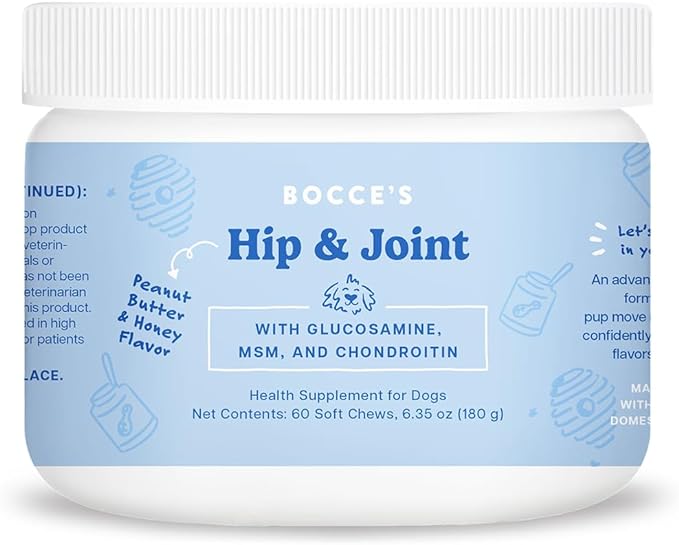 Bocce's Bakery Hip & Joint Supplement for Dogs, Daily Chews Made in The USA with Glucosamine, MSM, and Chondroitin, Supports Healthy Joints, Peanut Butter & Honey, 60 ct