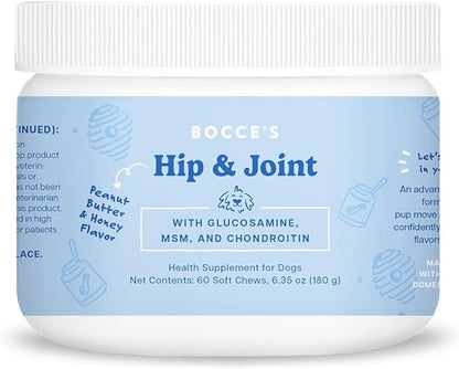 Bocce's Bakery Hip & Joint Supplement for Dogs, Daily Chews Made in The USA with Glucosamine, MSM, and Chondroitin, Supports Healthy Joints, Peanut Butter & Honey, 60 ct