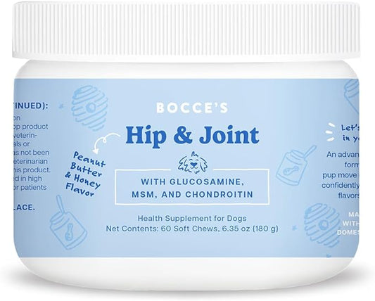 Bocce's Bakery Hip & Joint Supplement for Dogs, Daily Chews Made in The USA with Glucosamine, MSM, and Chondroitin, Supports Healthy Joints, Peanut Butter & Honey, 60 ct