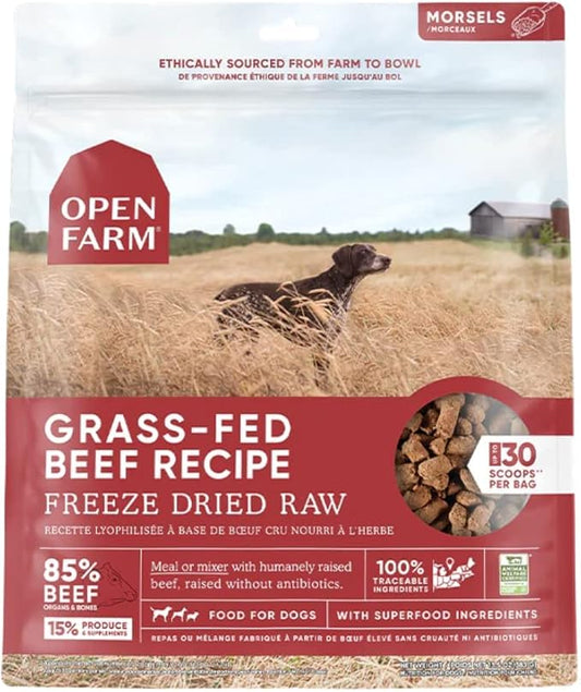 Open Farm Freeze Dried Raw Dog Food, Humanely Raised Meat Recipe with Non-GMO Superfoods and No Artificial Flavors or Preservatives (22 Ounce (Pack of 1), Grass Fed Beef Recipe)