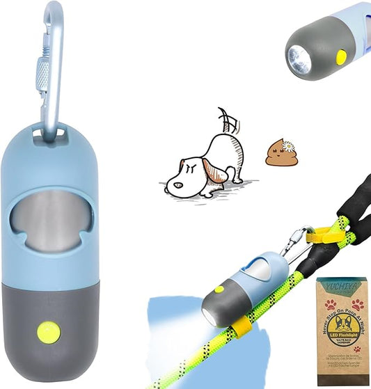 Dog Poop Bag Dispenser with Flashlight|Dog Poop Bag Holder with Leash Clip|Hands-Free Leash Poop Bag Holder with Straps and 1 Roll Dog Waste Bags (Blue)