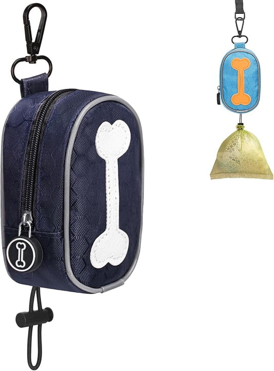 Hands Free Dog Poop Bag Holder for Leash with Big Opening, Dog Poop Bag Holder, Zippered Pouch with Carabiner Hook Waterproof Dog Poop Bag Holder(1 Doggy Bag) (Dark Blue)