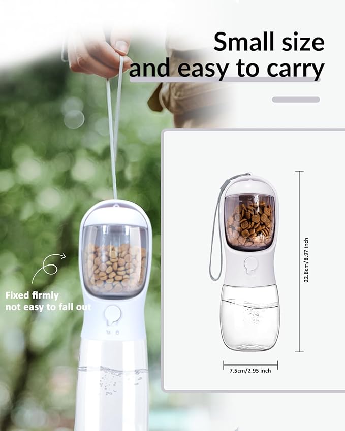 Dog Water Bottle 2 in 1, Leak Proof Portable Pet Water Bottle with Food Container, Outdoor Portable Water Dispenser for Cat, Puppy for Walking, Hiking, Camping, Travel(10oz White)