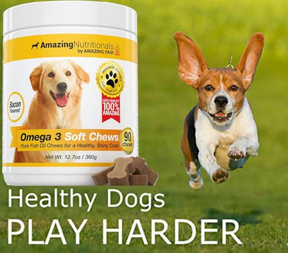 Amazing Omega 3 Fish Oil for Dogs - Omega 3 for Dogs Shedding and Itchy Skin Relief for Dog Dry Skin and Hot Spots, EPA and DHA Fatty Acids, Dog Skin and Coat Supplement - 90 Bacon Soft Chews