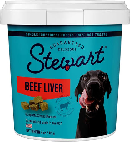 Stewart Freeze Dried Dog Treats, Beef Liver, 4 oz, Grain Free & Gluten Free, Resealable Tub, Single Ingredient, Training Treat in Beef Liver, Salmon, Chicken Liver & Chicken Breast 4, 14, 21 oz