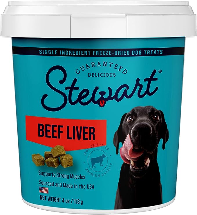 Stewart Freeze Dried Dog Treats, Beef Liver, 4 oz, Grain Free & Gluten Free, Resealable Tub, Single Ingredient, Training Treat in Beef Liver, Salmon, Chicken Liver & Chicken Breast 4, 14, 21 oz