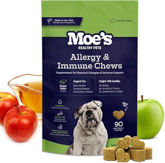 Moe’s Allergy and Immune Support for Dogs- Supports Anti-Itch, Seasonal Allergies- Omega 3 Wild Alaskan Salmon Fish Oil- Dog Allergy Treatment, Skin Health- Made in USA- 90 Chews (Peanut Butter)