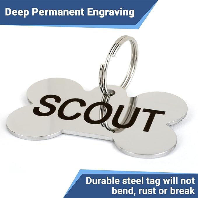 GoTags Dog Tags, Personalized Engraved Dog and Cat ID Tags for Pets, Custom Engraved on Both Sides, Stainless Steel, Rainbow Steel, Black Steel or Solid Brass, Bone Shape Dog ID Tags (Pack of 1)