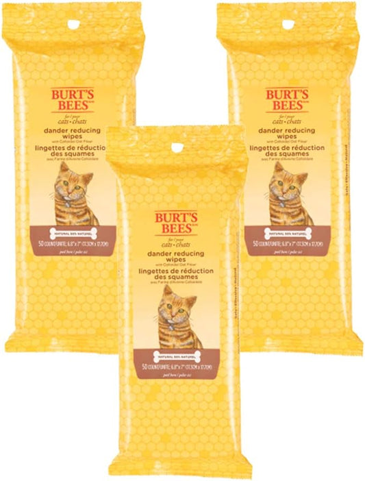 Burt's Bees for Pets Cat Naturally Derived Dander Reducing Wipes - Kitten and Cat Wipes for Grooming - Cruelty Free, Formulated without Sulfates and Parabens, Made in the USA, 50 Count - 3 Pack