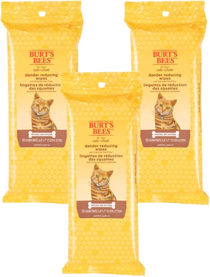 Burt's Bees for Pets Cat Naturally Derived Dander Reducing Wipes - Kitten and Cat Wipes for Grooming - Cruelty Free, Formulated without Sulfates and Parabens, Made in the USA, 50 Count - 3 Pack