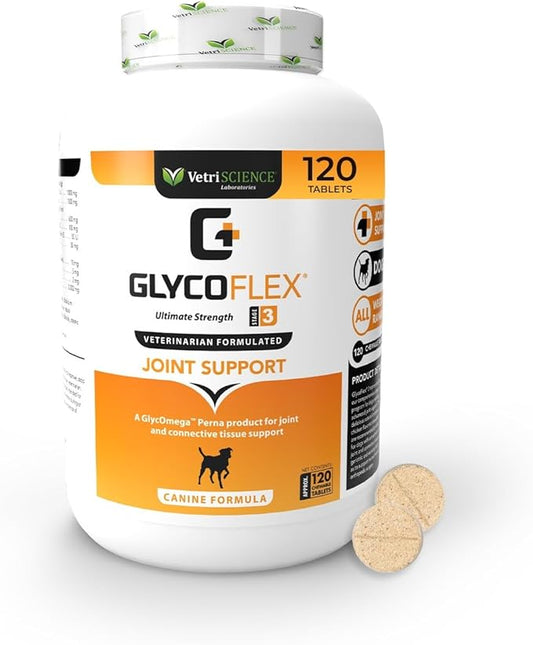 VetriScience Glycoflex 3 Clinically Proven Hip and Joint Supplement for Dogs - Maximum Strength Dog Supplement with Glucosamine, MSM, Green Lipped Mussel & DMG - 120 Chewable Tablets, Chicken Flavor