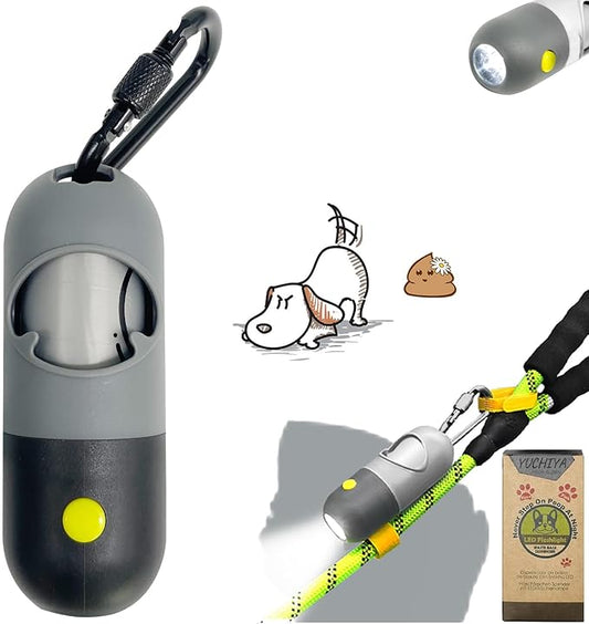 Dog Poop Bag Dispenser with Flashlight|Dog Poop Bag Holder with Leash Clip|Hands-Free Leash Poop Bag Holder with Straps and 1 Roll Dog Waste Bags (Gray)