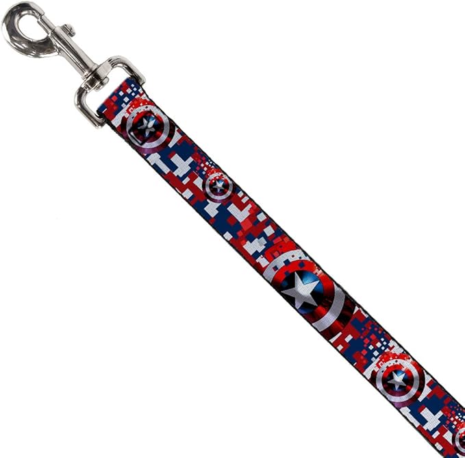 Buckle-Down Dog Leash Captain America Shield Digital Camo Blue White Red 6 Feet Long 1.0 Inch Wide, Multi Color (DL-WCA041-1.0-6FT)