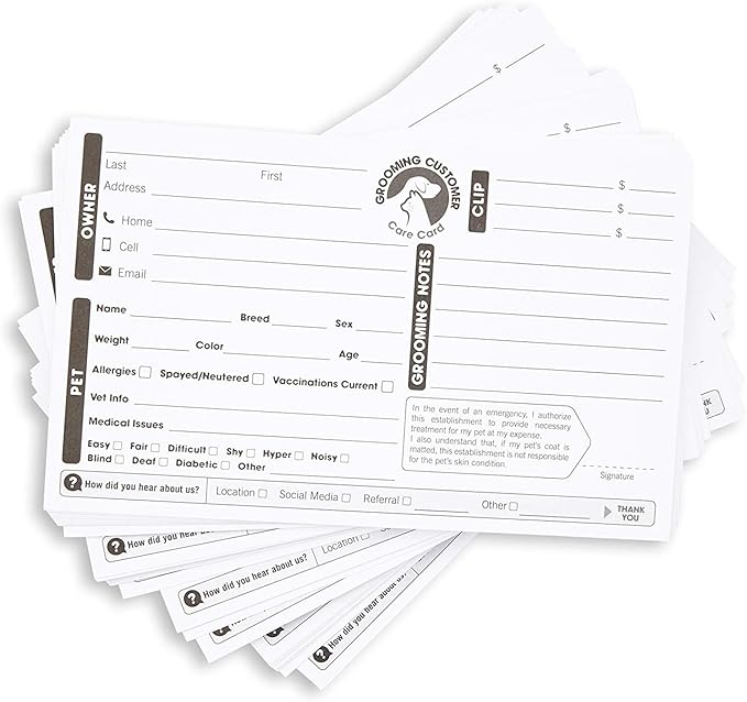 Juvale 100-Pack Pet Grooming Cards, Customer Information Cards, Cat or Dog Grooming Client Cards and Contact Profile Extender, Pet Info Record Cards for Groomers (8x5 in)
