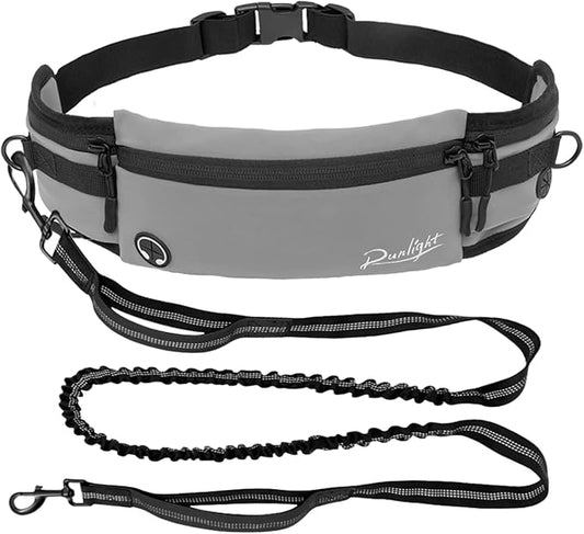 Hands Free Dog Leash,Hands Free Dog Running Leash with Removable Zipper Pouch,Waist Dog Leash Belt Fanny Pack Bag for Walking,Hiking,Biking,Jogging,Training (B Gray)