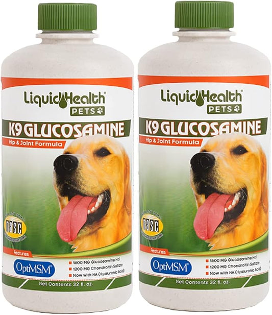 LIQUIDHEALTH 32 Oz K9 Liquid Glucosamine for Dogs, Puppies and Senior Canines - Chondroitin, MSM, Hyaluronic Acid – Joint Health, Dog Vitamins Hip Joint Juice, Dog Joint Oil (2-Pack)