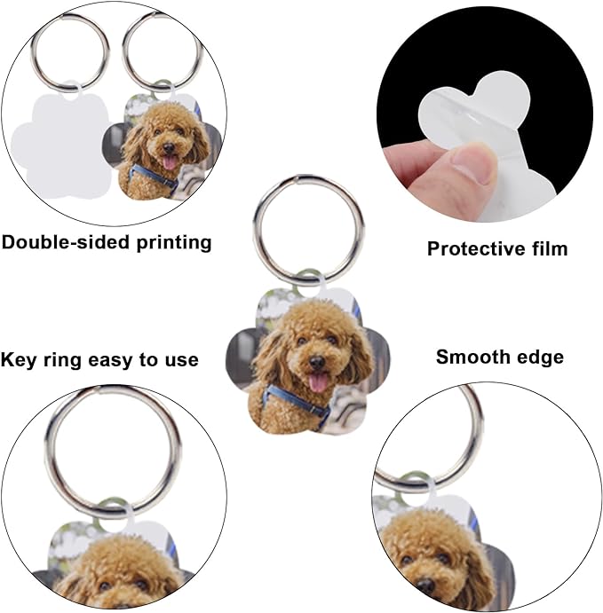 30 pcs Sublimation Blank Dog Tags Paw Shape Sublimation Blank Dog Tags Double Sided Dog Tags with Key Ring DIY Sided Aluminum Dog ID Tags Pet Name Tags Dog Collar Tags with Dogs and Cats