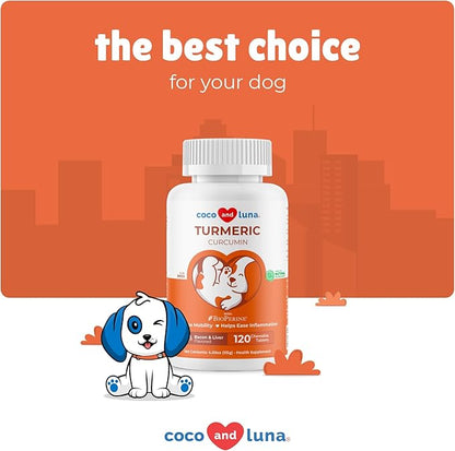 Turmeric for Dogs Anti Inflammatory Pain Relief - 120 Chewable Tablets Hip & Joint Support with Curcumin and BioPerine, Antioxidant, Cardiovascular Health