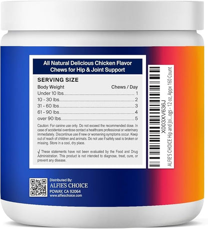 ALFIE'S CHOICE Hip and Joint Chews for Dogs - Advanced Hemp & Glucosamine for Dogs, Hip Joint Supplement for Dogs, Chicken Flavor Dog Joint Supplement Large Breed & Small Breed - 12 oz, Appx 160 Ct