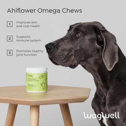 Ahiflower Omega Oil Dog Chews - Vet-Formulated Skin, Coat, Hip and Joint Chews for Dogs - Plant-Based Omega 3, 6 and 9 Supplement - Natural Chicken-Flavored Dog Omega Oil Bites, 60 Soft Chews