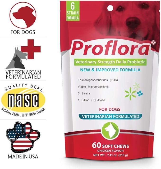 Proflora Probiotics for Dogs-Complete Gut Health & Immune Support. Easy to Use Digestive Multi-Strain Probiotics. Easier Diet Transitions, Healthier Skin & Coat & Helps Treat Diarrhea. 60 Soft Chews
