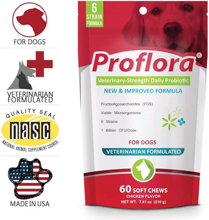 Proflora Probiotics for Dogs-Complete Gut Health & Immune Support. Easy to Use Digestive Multi-Strain Probiotics. Easier Diet Transitions, Healthier Skin & Coat & Helps Treat Diarrhea. 60 Soft Chews