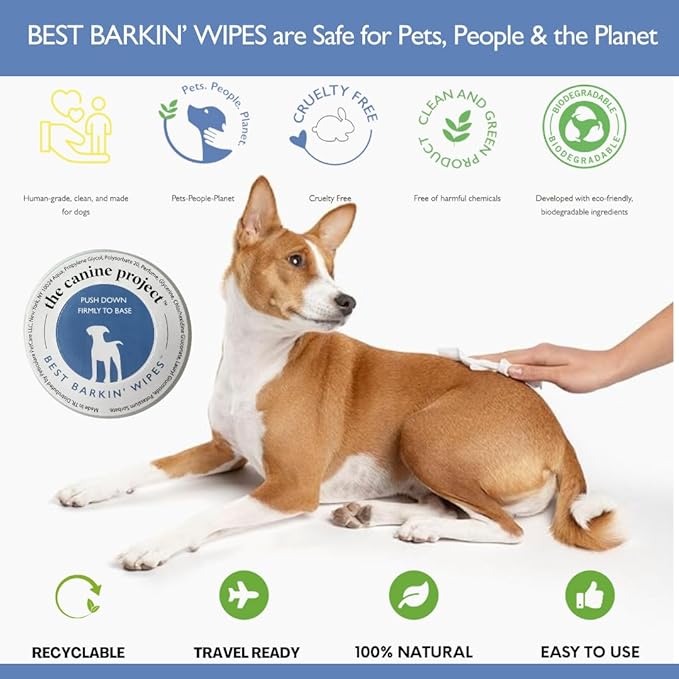 Best BARKIN' Wipes with Free Mesh Bag, Dog Wipes for Paws Ears and Butt, Micellar Aloe Scented Travel Friendly Puppy Wipes (12-Pack)