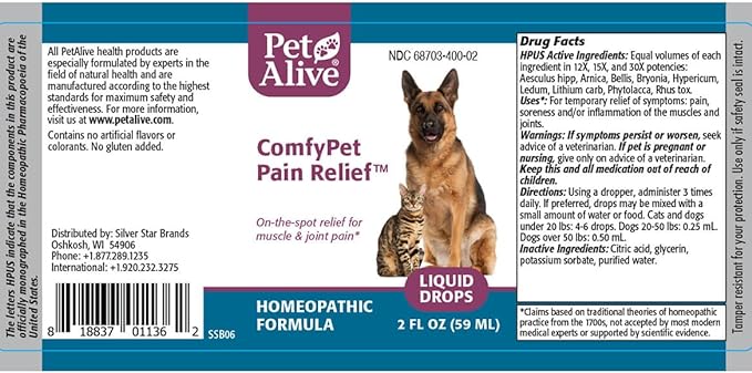 PetAlive ComfyPet Pain Relief - Natural Homeopathic Formula for Minor Aches and Pains in Dogs and Cats - Temporarily Reduces Minor Discomfort in The Muscles and Joints - 59 mL