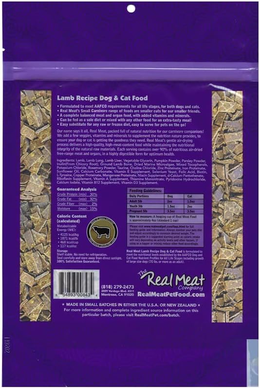 Real Meat Air Dried Cat Food & Dog Food w/ Real Lamb - 1.75lbs of USA-Crafted Grain-Free Dry Dog & Cat Food Sourced from Hormone-Free, Free-Range, Grass-Fed Lamb - All Natural, High Protein Pet Food