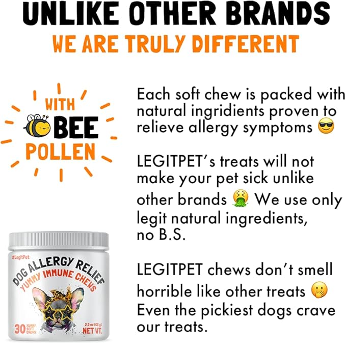 Allergy Relief Chews for Dogs & Immune & Digestive Supplement with Wild Salmon Oil Kelp Colostrum Turmeric Probiotics & Bee Pollen for Seasonal Allergies Anti Itch, Skin Hot Spots Soft Treats
