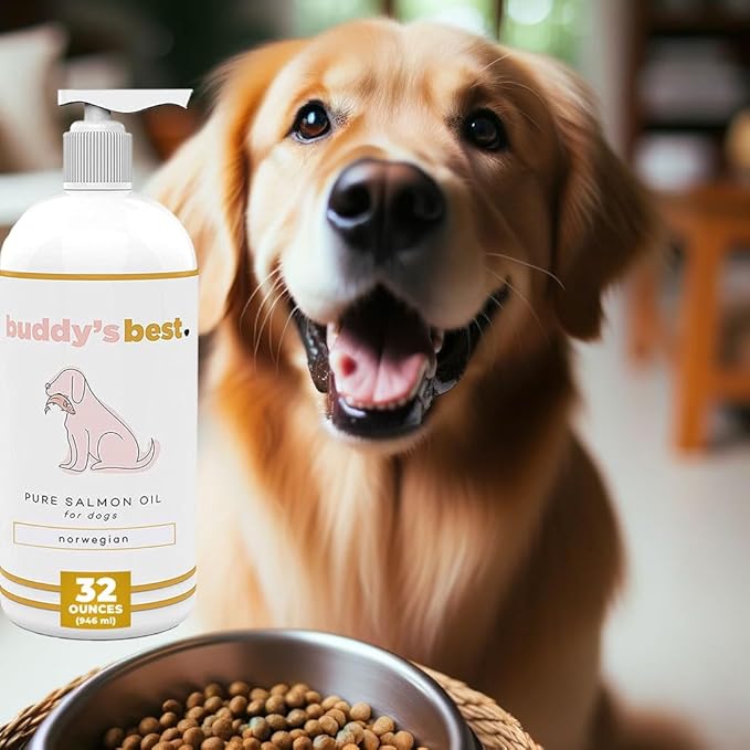 Buddy's Best, Salmon Oil for Dogs - 100% Pure Norwegian Virtually Odorless Fish Oil - Omega-3 Supplements for Dogs & Cats - Promotes Healthy Skin and Coat - Dog Food Oil in Pump Bottle (32 oz)