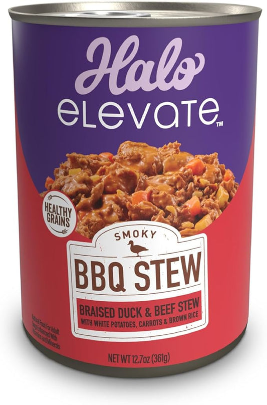 Halo Elevate Wet Dog Food, Healthy Grains, Smoky BBQ Braised Duck & Beef Stew with White Potatoes, Carrots & Brown Rice, 12.7oz (Pack of 6)