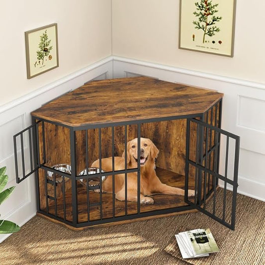 ROOMTEC 53 inch Furniture Dog Crate Corner, Dog Kennel Corner Wooden End Table with Bowl, Indoor Pet Crates Corner Side Table for Dogs, Wide Top Perfect for Limited Room