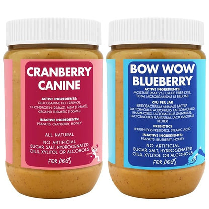 Bow-Wow Blueberry (probiotic + prebiotic) + Cranberry Canine (hip + joint) BUDDY BUDDER, 100% Natural Dog Peanut Butter, Healthy Peanut Butter Supplements, Made in USA (17oz jars)