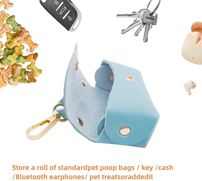 Leather Poop Bag Holder Dispenser for Leash, Portable and Reusable Dog Poop Bag Dispenser, Dog Bag Holder for Walking, Outdoor, Travelling (Blue)