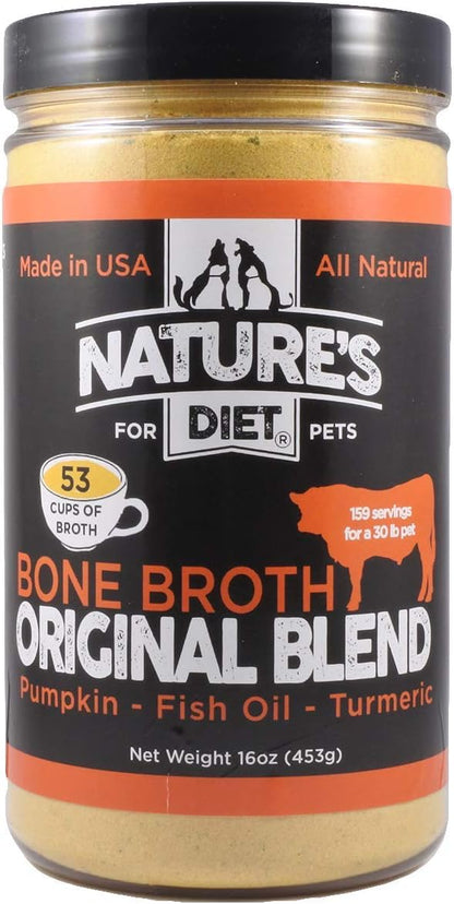 Nature's Diet Pet Bone Broth Protein Powder with Pumpkin, Fish Oil and Turmeric (Beef, 16 oz = 159 Servings)