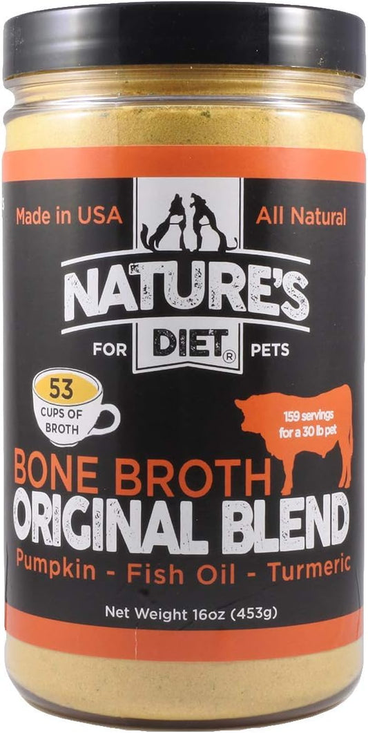 Nature's Diet Pet Bone Broth Protein Powder with Pumpkin, Fish Oil and Turmeric (Beef, 16 oz = 159 Servings)