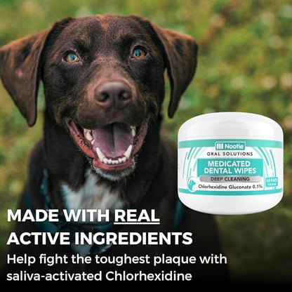 Nootie Medicated Dental Wipes for Dogs, Cleans Teeth and Freshens Breath for Dogs - Prevents Plaque and Tartar Dog Oral Care, 60 Count