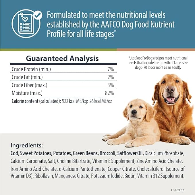 JustFoodForDogs Frozen Fresh Dog Food, Complete Meal or Dog Food Topper, Fish & Sweet Potato Human Grade Dog Food Recipe, 18 oz (Pack of 7)
