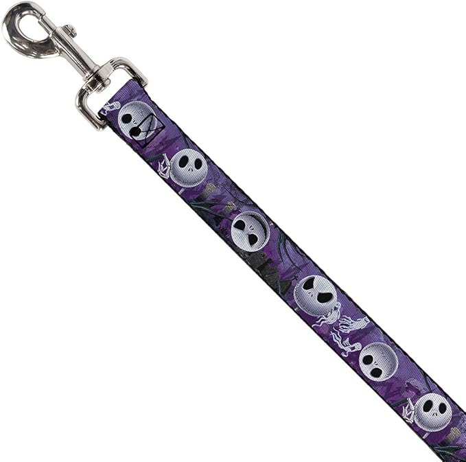 Buckle-Down Pet Leash - Jack Expressions/Ghosts in Cemetery Purples/Grays/White - 4 Feet Long - 1" Wide