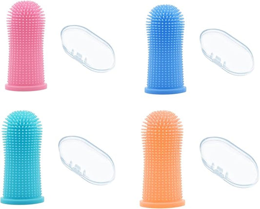 360º Dog Fingerbrush Toothbrush Kit (4-Pack) Ergonomic Design, Full Surround Bristles For Easy Teeth Cleaning, Dental Care For Puppies, Cats And Small Large Breed Pets, Blue Orange Pink Light Blue