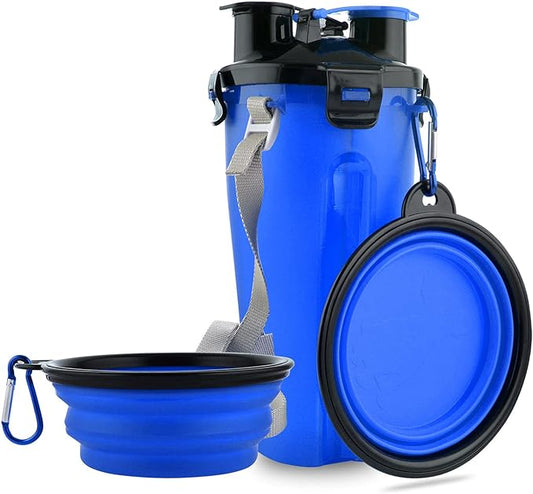 Dog Travel Water Bottle Collapsible Bowls, 2 in 1 Pet Food Container with Collapse Bowls, Outdoor Portable Water Bowls for Walking, Traveling, Camping and Hiking Blue