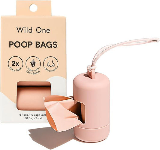 Wild One Dog Poop Bag Holder and Dispenser with Leash Attachment, Leak Proof, Easy Twist Top for Refills, Includes 1 Box Poop Bags, Blush