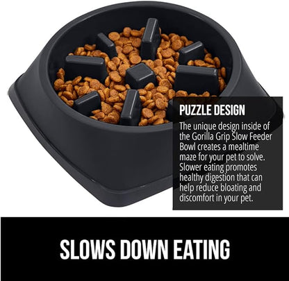 Gorilla Grip Slow Feeder Dog and Cat Bowls, Interactive Puzzle Toy for Dogs and Cats Food Training, Keeps Pets Busy and Prevents Puppy Overeating, Large, Small Breeds, 100% BPA Free, 2 Cup Black